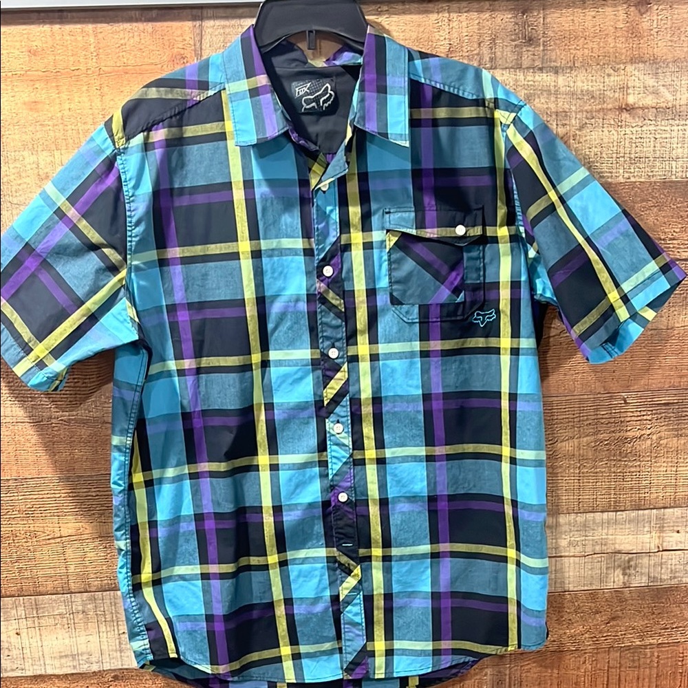 FOX Men's Blue and Purple Plaid Shirt size XL